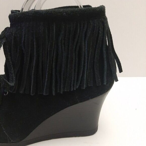 MINNETONKA Fringe Suede Lace-Up Wedge Heel Booties Black Size 6.5 - Picture 9 of 16